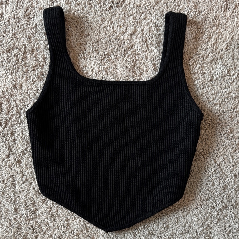 Black Ribbed Square-Neck Crop Tank Top